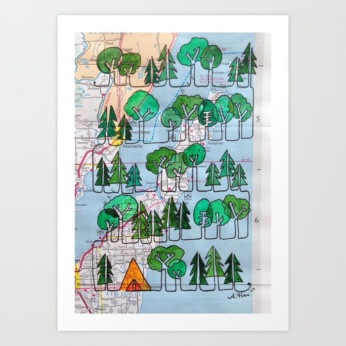 Door County Wi Forest With Tent Continuous Line Drawing On Vintage Map Art Print By Abbeyfinn