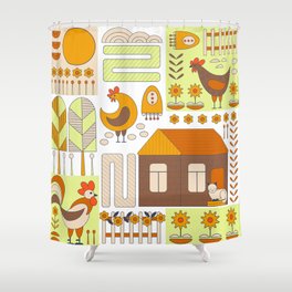 Rooster and two hens, eggs, flowers, house, drawing on white background. Geometric pattern, abstract, hand drawn, vintage Shower Curtain