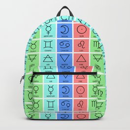 Zodiac sign, element and symbols of the planet. Astrological calendar. Horoscope. Aquarius, Libra and Leo. Moon, Jupiter and Venus. Air, fire, water and earth.  Backpack | Uranus, Element, Jupiter, Mercury, Sun, Pluto, Neptune, Graphicdesign, Water, Fire 