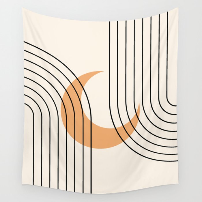 Geometric Lines in Black and Beige 18 (Rainbow and Moon Abstraction) Wall Tapestry
