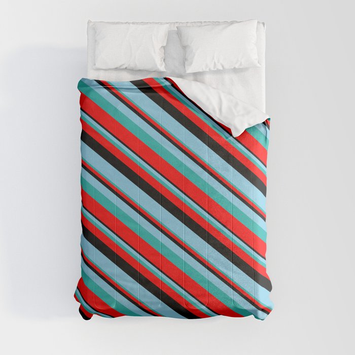 Black, Sky Blue, Light Sea Green & Red Colored Lines/Stripes Pattern Comforter
