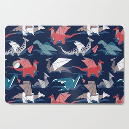 Origami dragon friends // oxford navy blue background blue red grey and taupe fantastic creatures Cutting Board