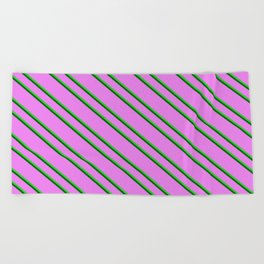[ Thumbnail: Violet, Lime Green & Dark Green Colored Pattern of Stripes Beach Towel ]
