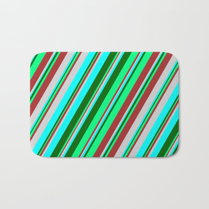 Colorful Brown, Light Grey, Cyan, Dark Green, and Green Colored Stripes Pattern Bath Mat