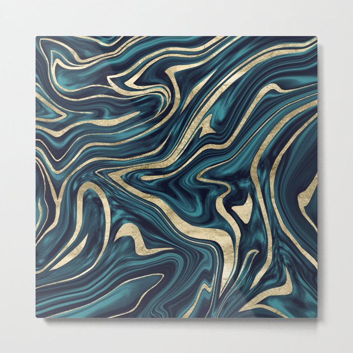Teal Navy Blue Gold Marble #1 (Faux Foil) #decor #art #society6 Metal Print