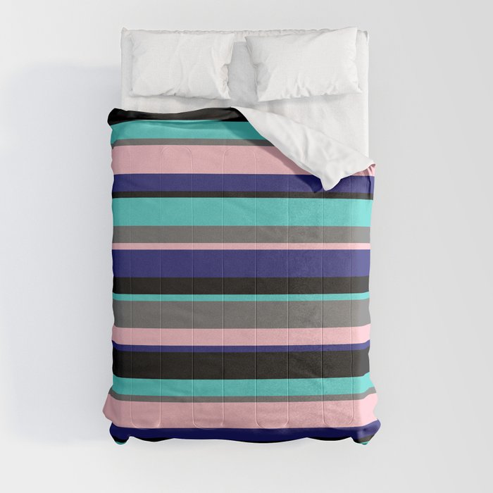 Colorful Black, Turquoise, Dim Grey, Pink & Midnight Blue Colored Lines Pattern Comforter