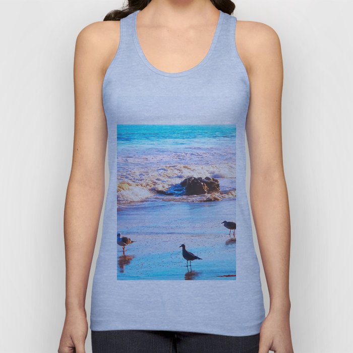 seagull bird on the sandy beach with blue wave water in summer Tank Top