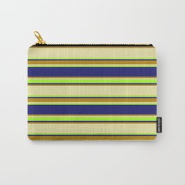 [ Thumbnail: Pale Goldenrod, Light Green, Midnight Blue & Dark Goldenrod Colored Lined/Striped Pattern Carry-All Pouch ]