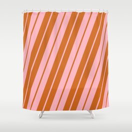 [ Thumbnail: Light Pink and Chocolate Colored Lined Pattern Shower Curtain ]