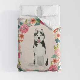 husky floral wreath spring dog breed pet portrait gifts Duvet Cover