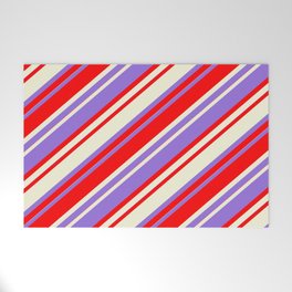 [ Thumbnail: Purple, Red, and Beige Colored Striped Pattern Welcome Mat ]
