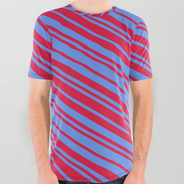 Crimson and Cornflower Blue Colored Lines Pattern All Over Graphic Tee