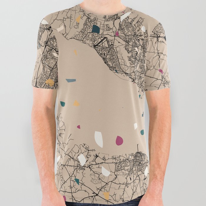 England, Portsmouth - Terrazzo Map Illustrated All Over Graphic Tee