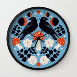 70s Mushroom, Moon, Crows - Blue Wall Clock