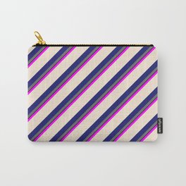 [ Thumbnail: Colorful Fuchsia, Beige, Midnight Blue, Dim Gray & Black Colored Lines/Stripes Pattern Carry-All Pouch ]