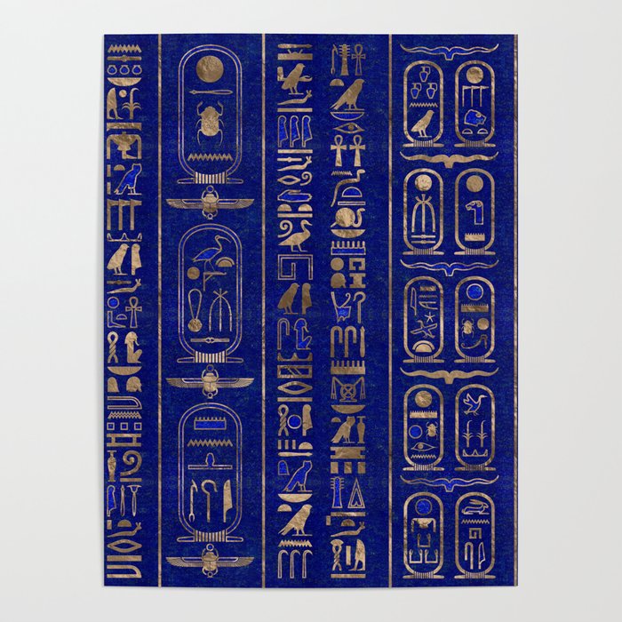Egyptian hieroglyphs pattern Gold Lapis Lazuli Poster
