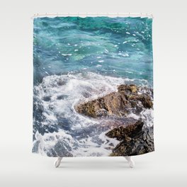 Blue Aegean Sea And Volcanic Rock Formation Photography  Shower Curtain