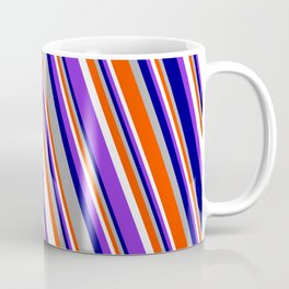 [ Thumbnail: Eyecatching Blue, Dark Grey, Red, White, and Purple Colored Stripes/Lines Pattern Coffee Mug ]