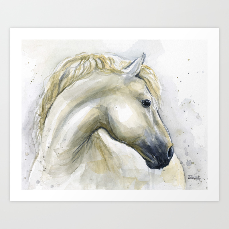 White Horse Watercolor Painting Animal Horses Art Print By Olechka