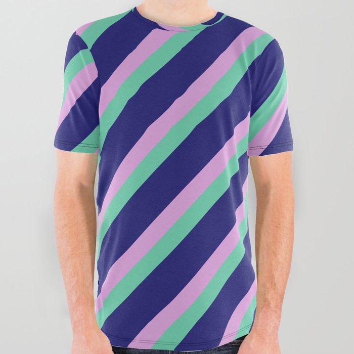 Plum, Aquamarine & Midnight Blue Colored Lined/Striped Pattern All Over Graphic Tee