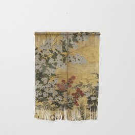 White Red Chrysanthemums Floral Japanese Gold Screen Wall Hanging