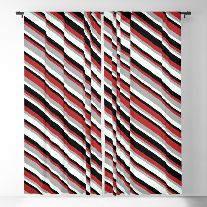 Red, Dark Grey, Mint Cream, and Black Colored Pattern of Stripes Blackout Curtain