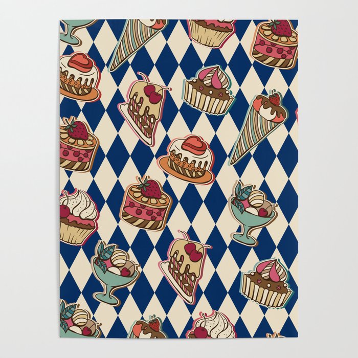 Vintage Pastries Sweets on Navy Blue Poster