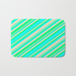 [ Thumbnail: Green, Aqua, and Tan Colored Stripes/Lines Pattern Bath Mat ]