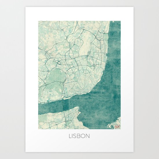 Lisbon Map Blue Vintage Art Print