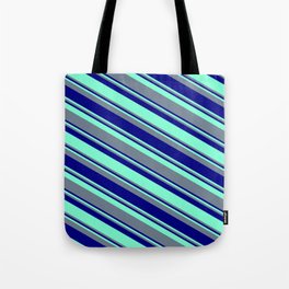 [ Thumbnail: Aquamarine, Slate Gray, and Blue Colored Pattern of Stripes Tote Bag ]