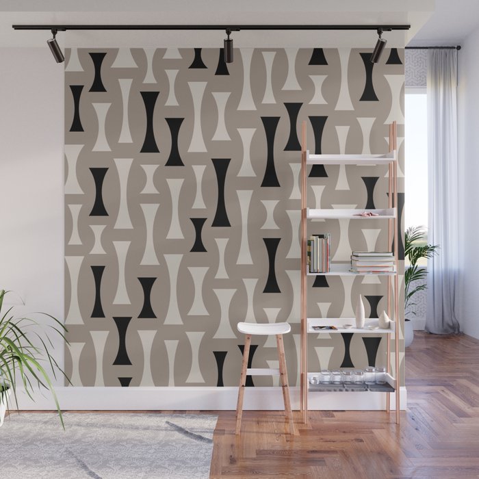 Retro Mid Century Modern Abstract Pattern 629 Black and Beige Wall Mural