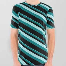 [ Thumbnail: Turquoise, Teal & Black Colored Pattern of Stripes All Over Graphic Tee ]