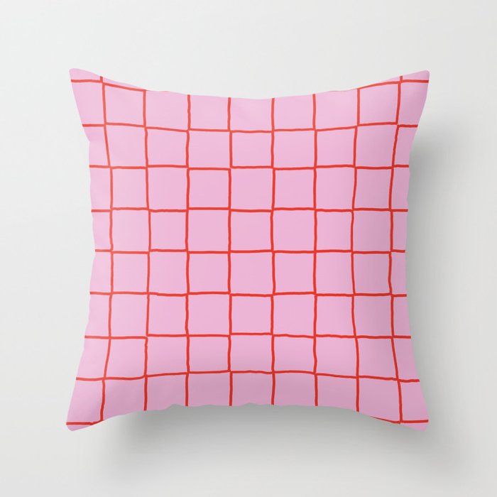 Retro Pink + Red Tiles Checker Plaid Throw Pillow