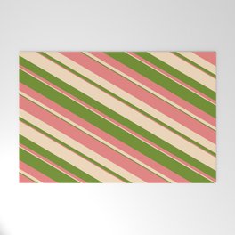 [ Thumbnail: Bisque, Green, and Light Coral Colored Striped/Lined Pattern Welcome Mat ]