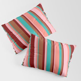 [ Thumbnail: Eye-catching Sienna, Light Sea Green, Salmon, Light Pink, and Maroon Colored Striped Pattern Pillow Sham ]