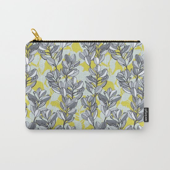 Leaf and Berry Sketch Pattern in Mustard and Ash Carry-All Pouch