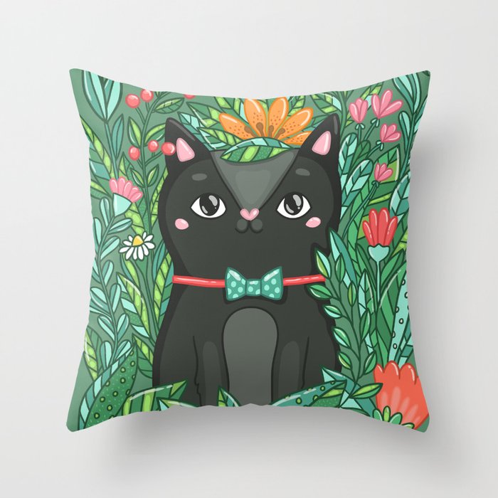 Cat in flowers Throw Pillow