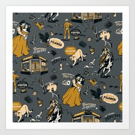 Cool Vintage Western Pattern With Cowboys, Cowgirls, Saloons & Horses Art Print