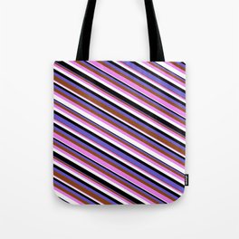 [ Thumbnail: Eye-catching Slate Blue, Brown, Violet, White & Black Colored Pattern of Stripes Tote Bag ]