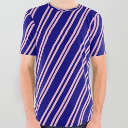 [ Thumbnail: Pink & Blue Colored Pattern of Stripes All Over Graphic Tee ]