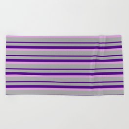 [ Thumbnail: Dark Grey, Indigo, and Plum Colored Lined/Striped Pattern Beach Towel ]