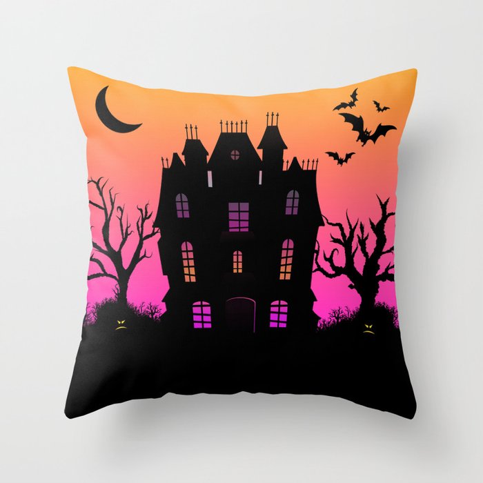 Haunted Silhouette Rainbow Mansion Throw Pillow