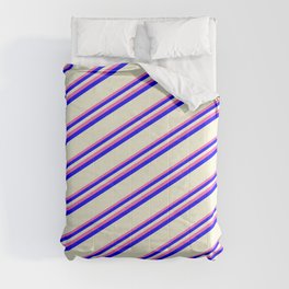 [ Thumbnail: Hot Pink, Blue, and Beige Colored Striped Pattern Comforter ]