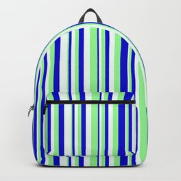 [ Thumbnail: Mint Cream, Green, and Blue Colored Pattern of Stripes Backpack ]