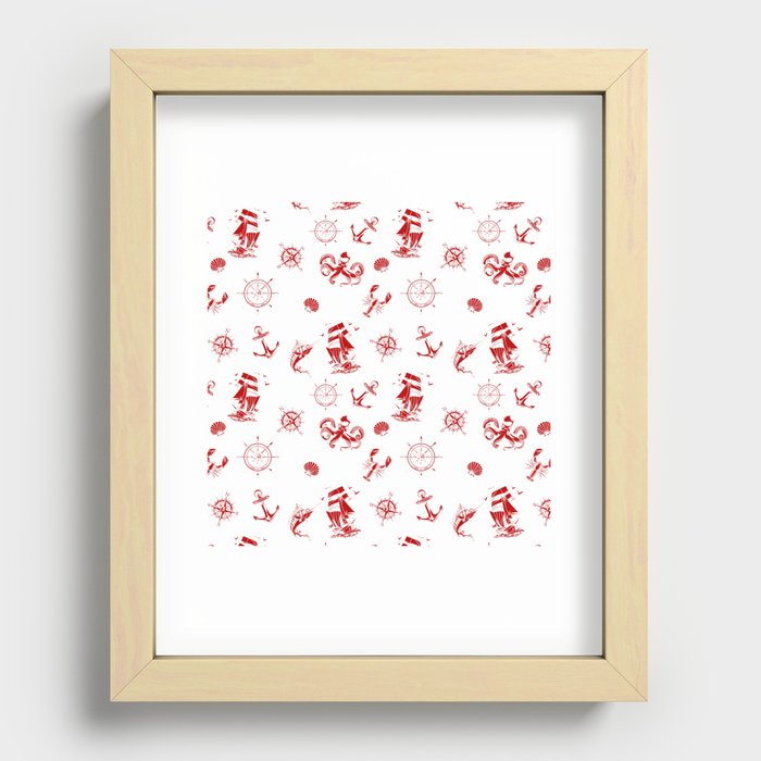 Red Silhouettes Of Vintage Nautical Pattern Recessed Framed Print