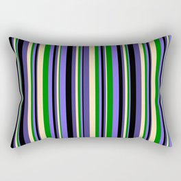 [ Thumbnail: Eyecatching Medium Slate Blue, Green, Beige, Dark Slate Blue, and Black Colored Stripes Pattern Rectangular Pillow ]