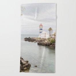 The Lighthouse in Cascais Photo | Moody Day by the Sea in Portugal Art Print | Coastal Travel Photography Beach Towel