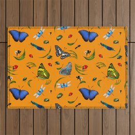 Tropical leaf. Butterflies,ladybugs,bees,dragonflies,insects pattern. Outdoor Rug