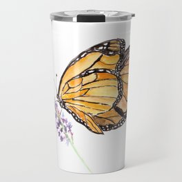 Monarch Butterfly Watercolor Art, Orange Butterfly Painting, Purple Flower Travel Mug
