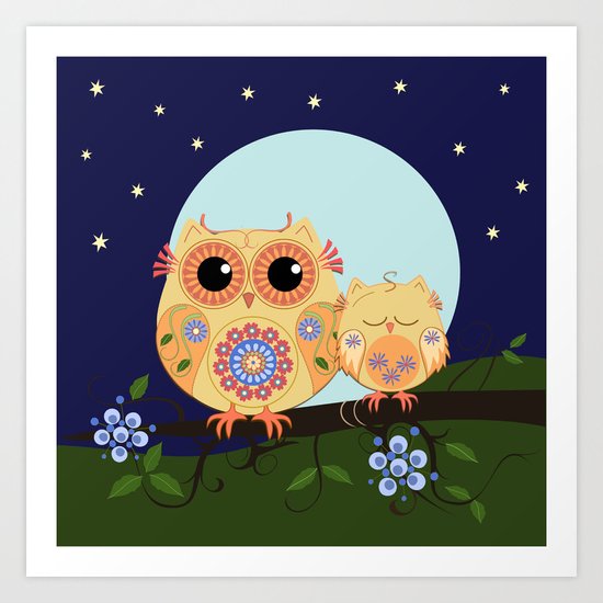 Colourful Flower power owl with her sleepy baby on branch Art Print
